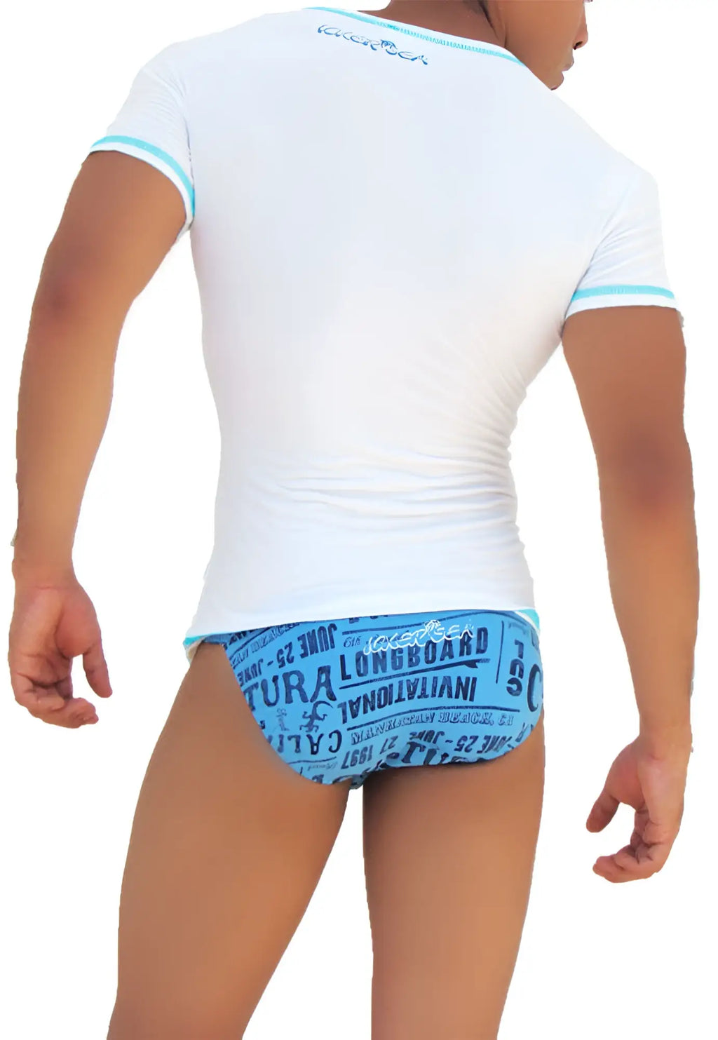 Back view of icker sea white short-sleeved rash guard with turquoise contrast stitching and graphic print