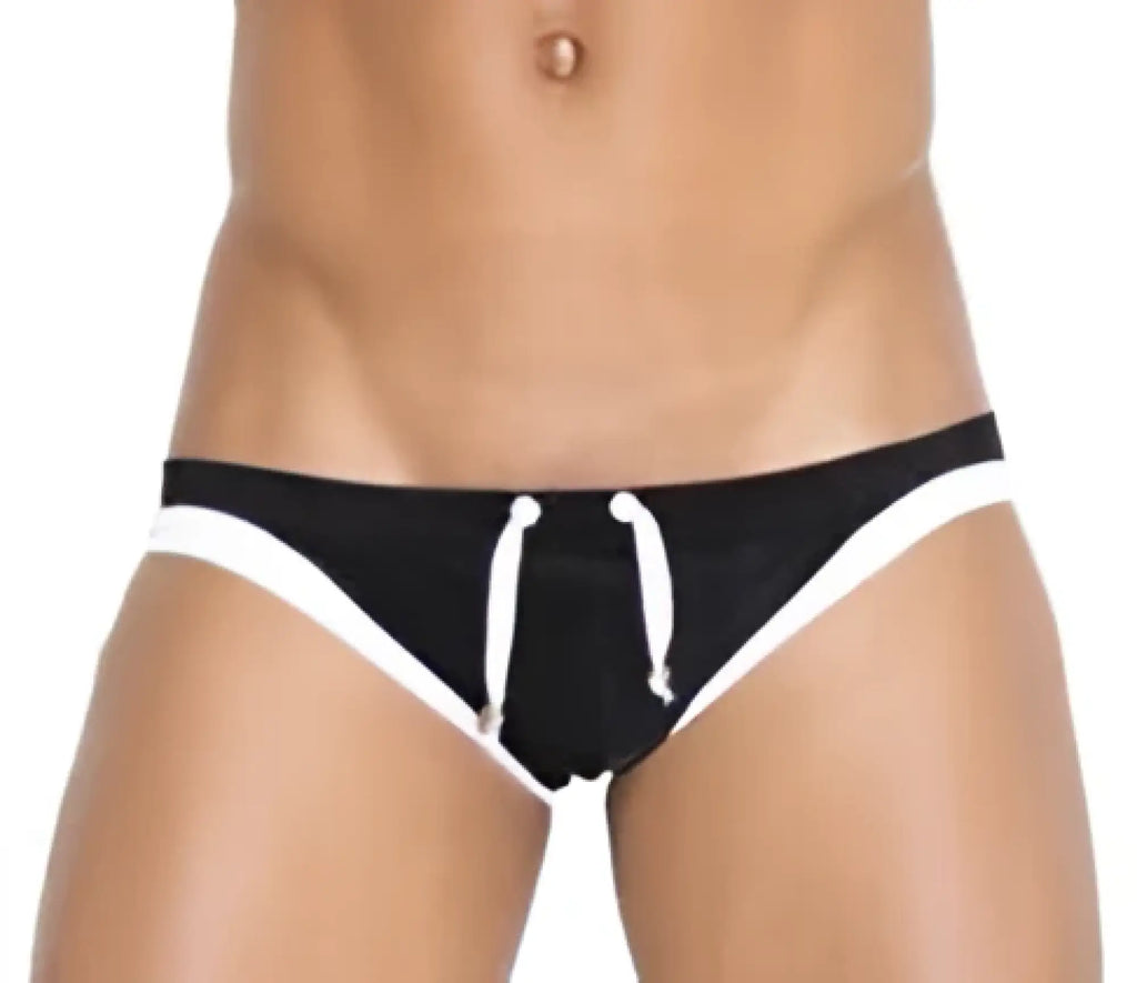 Black and white icker sea contrast trim micro slip bikini swimwear with drawstring waistband for swimming