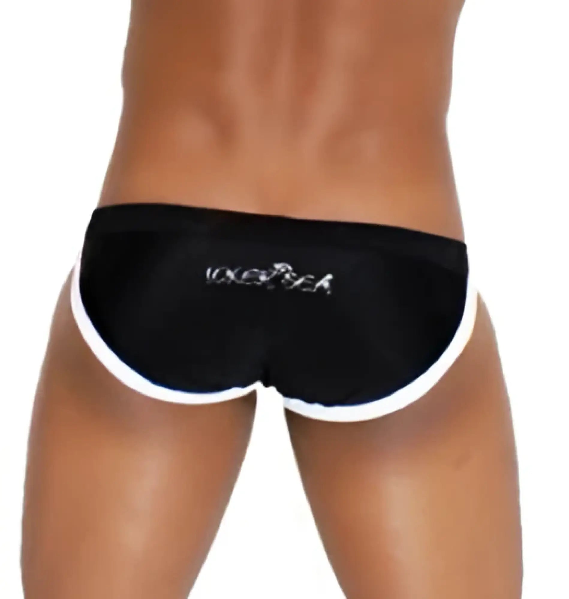 Black micro slip bikini swimwear with white contrast trim and silver vixen logo embroidery by icker sea