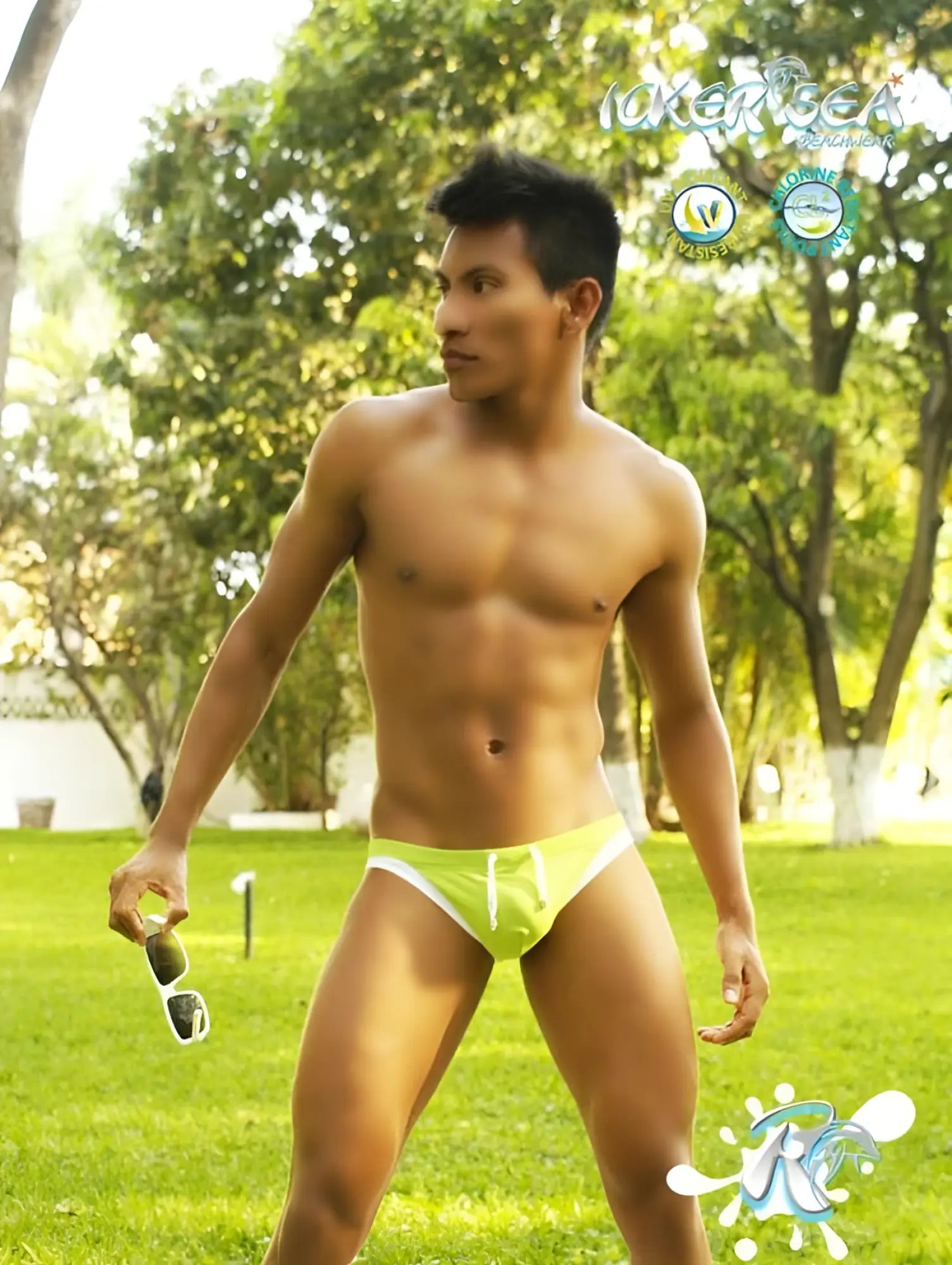 Bright lime green icker sea micro slip bikini swim trunks with white contrast trim for swimwear use