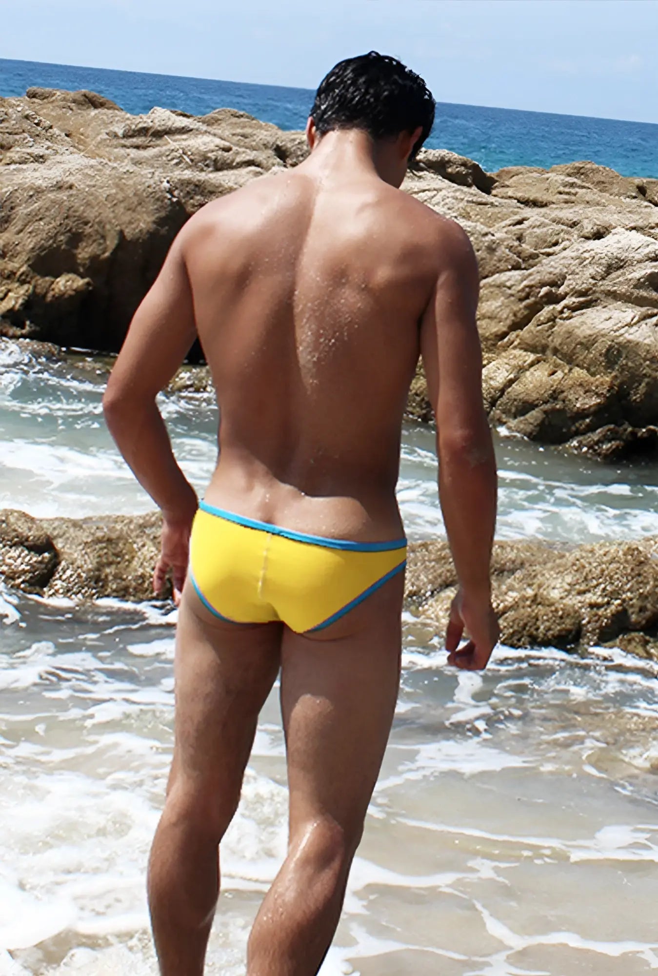 Bright yellow icker sea contrast trim mini brief bikini swimwear with blue trim in mango blue colors