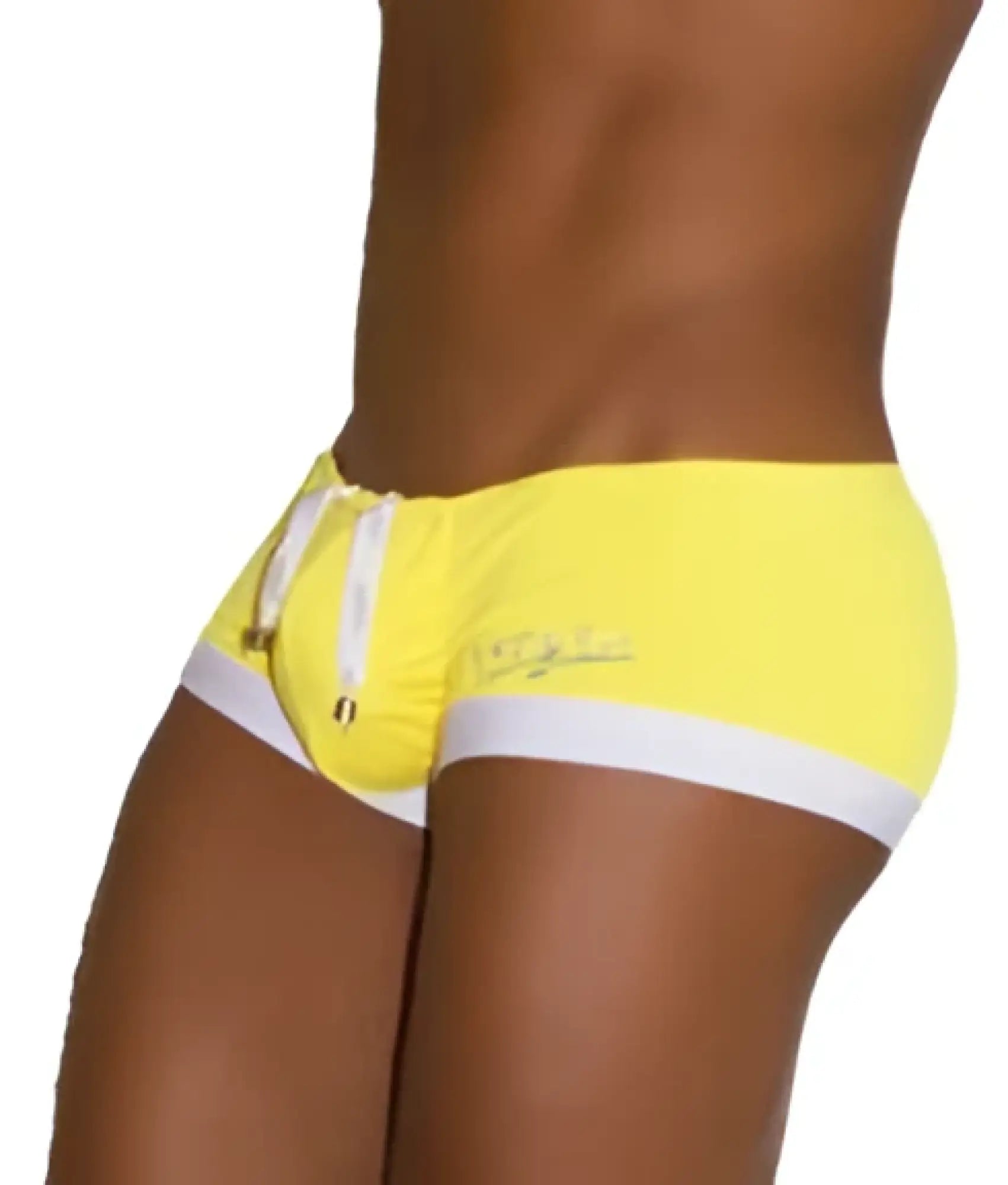 Icker Sea contrast trim mini square cut swim trunks in bright yellow mango with white trim and drawstring waistband