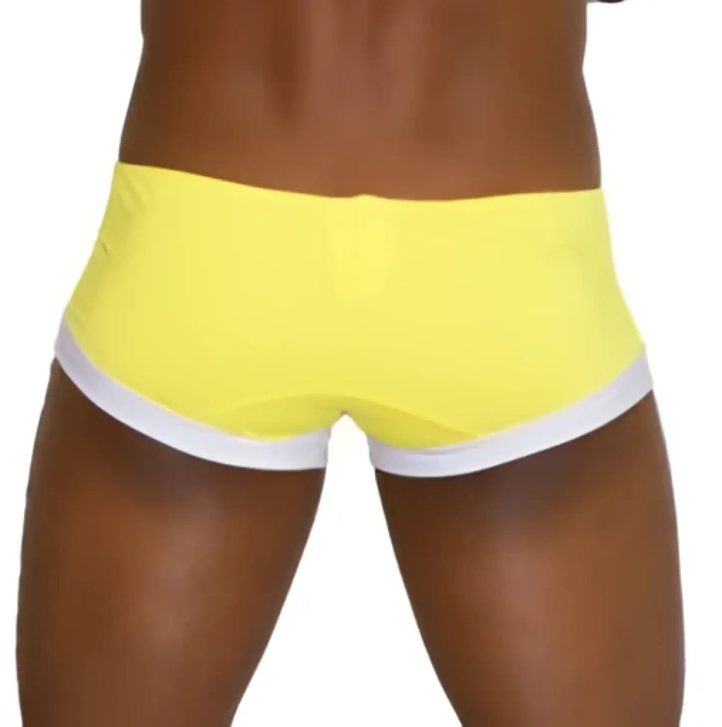 Bright yellow icker sea contrast trim mini square cut swim trunks with white waistband trim for swimwear mango style