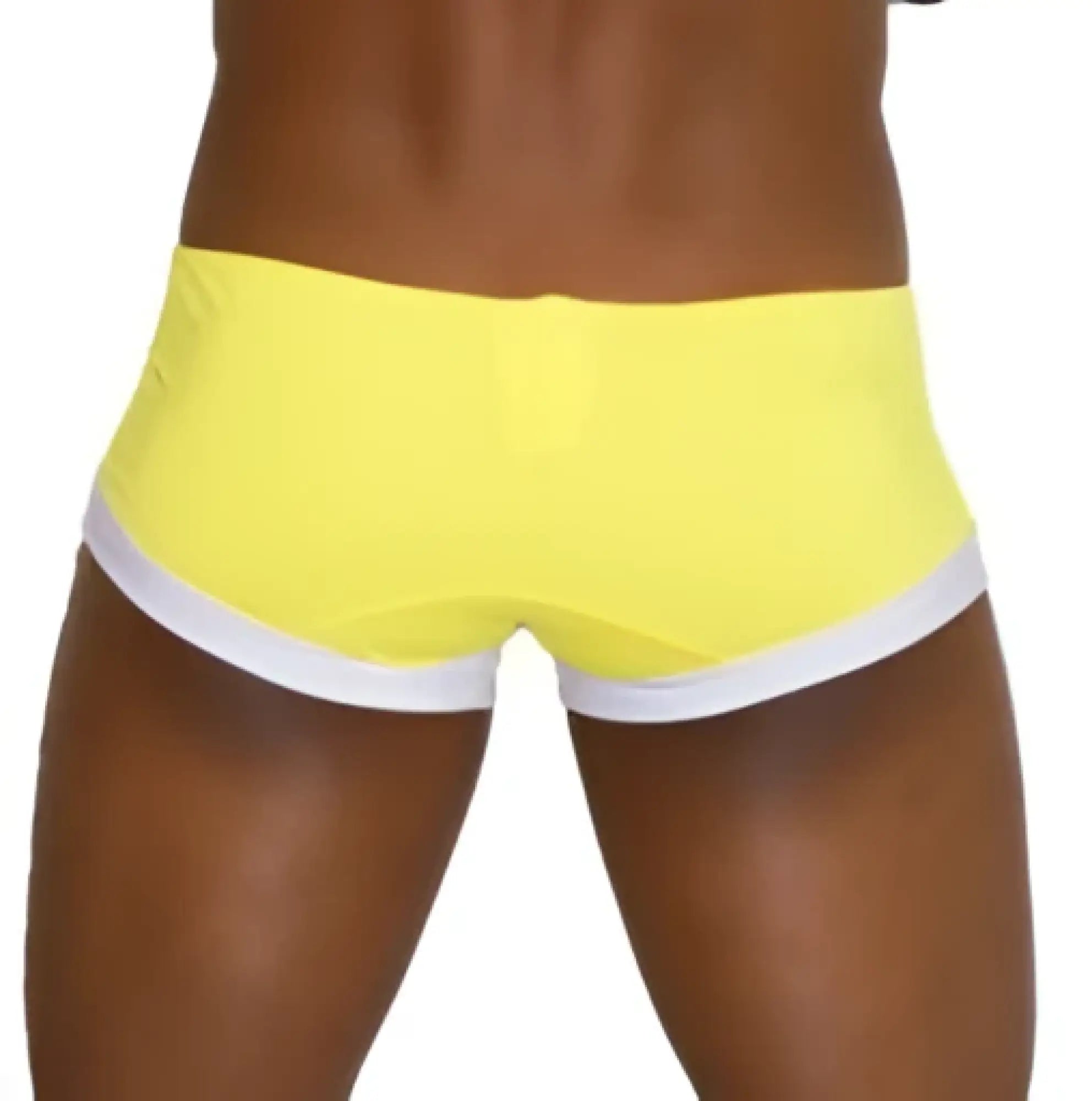 Bright yellow icker sea contrast trim mini square cut swim trunks with white waistband trim for swimwear mango style