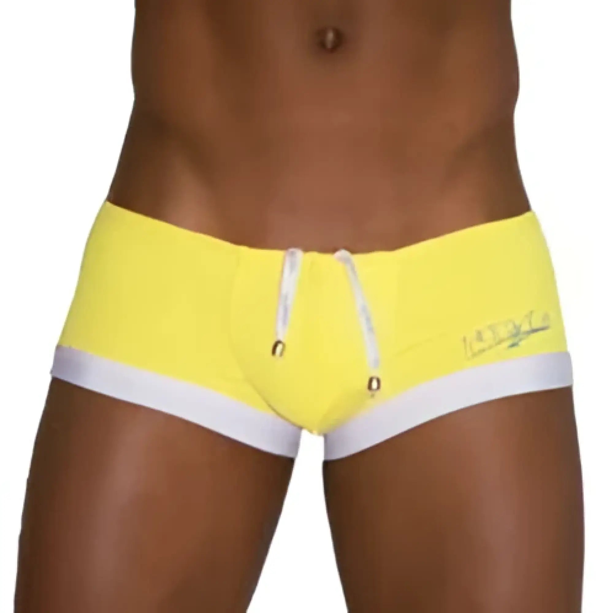 Icker sea mini square cut swim trunks in bright yellow with white trim and drawstring waistband for beachwear