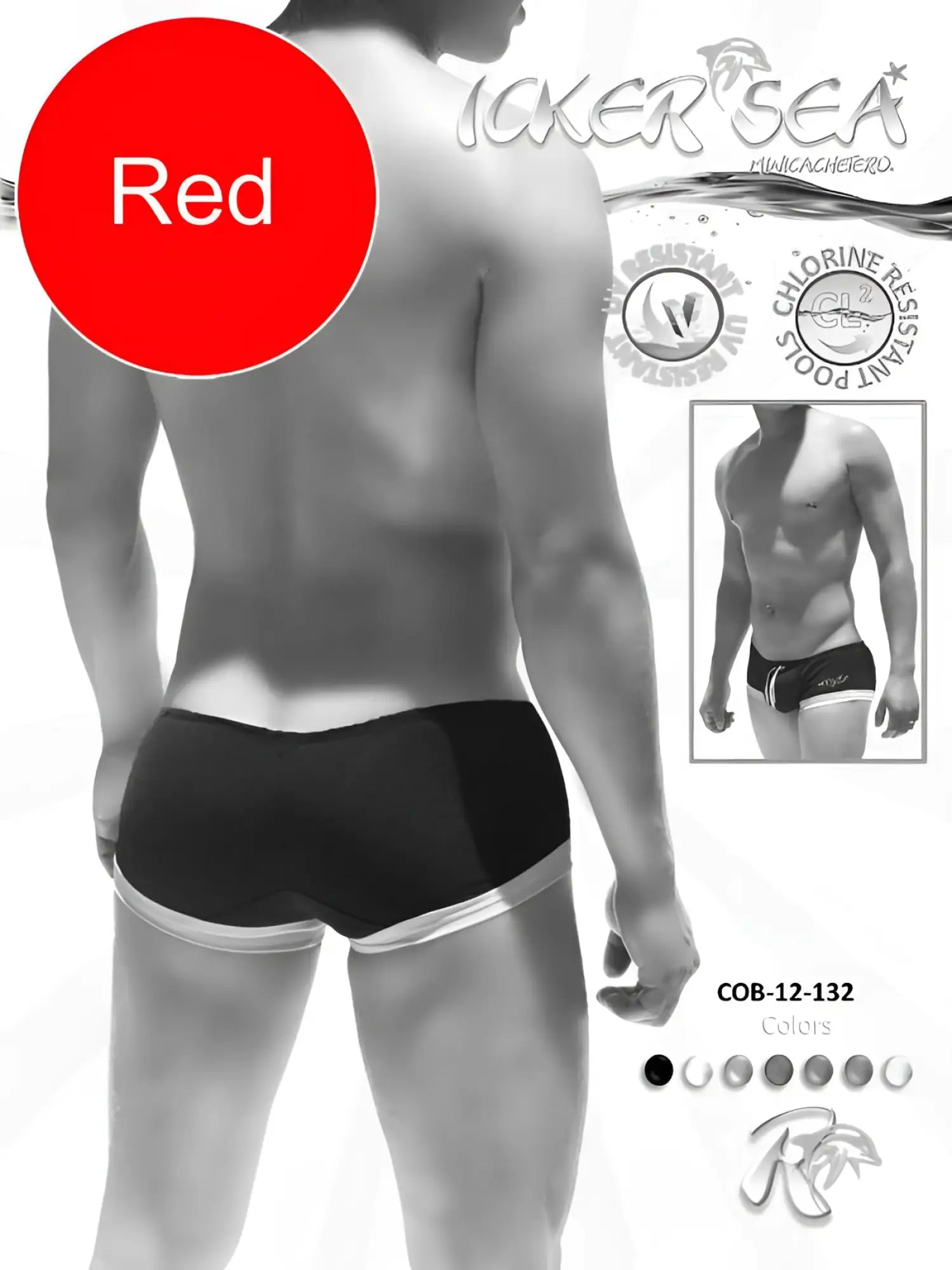 Red and black icker sea mini square cut swim trunks with white trim featuring a sleek design for swimwear