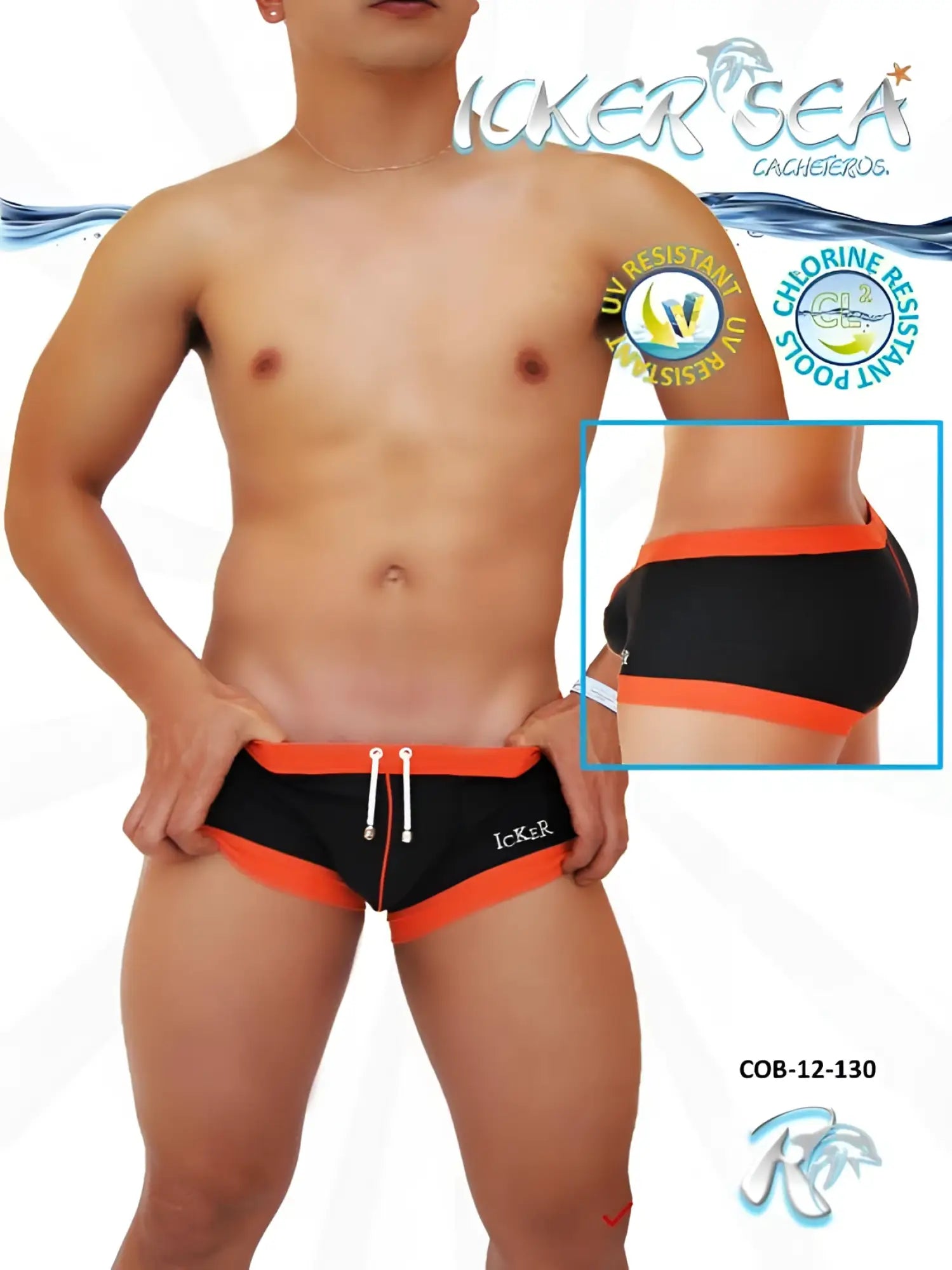Icker sea contrast trim square cut black and orange swim trunks with white drawstrings and brand logo on left leg