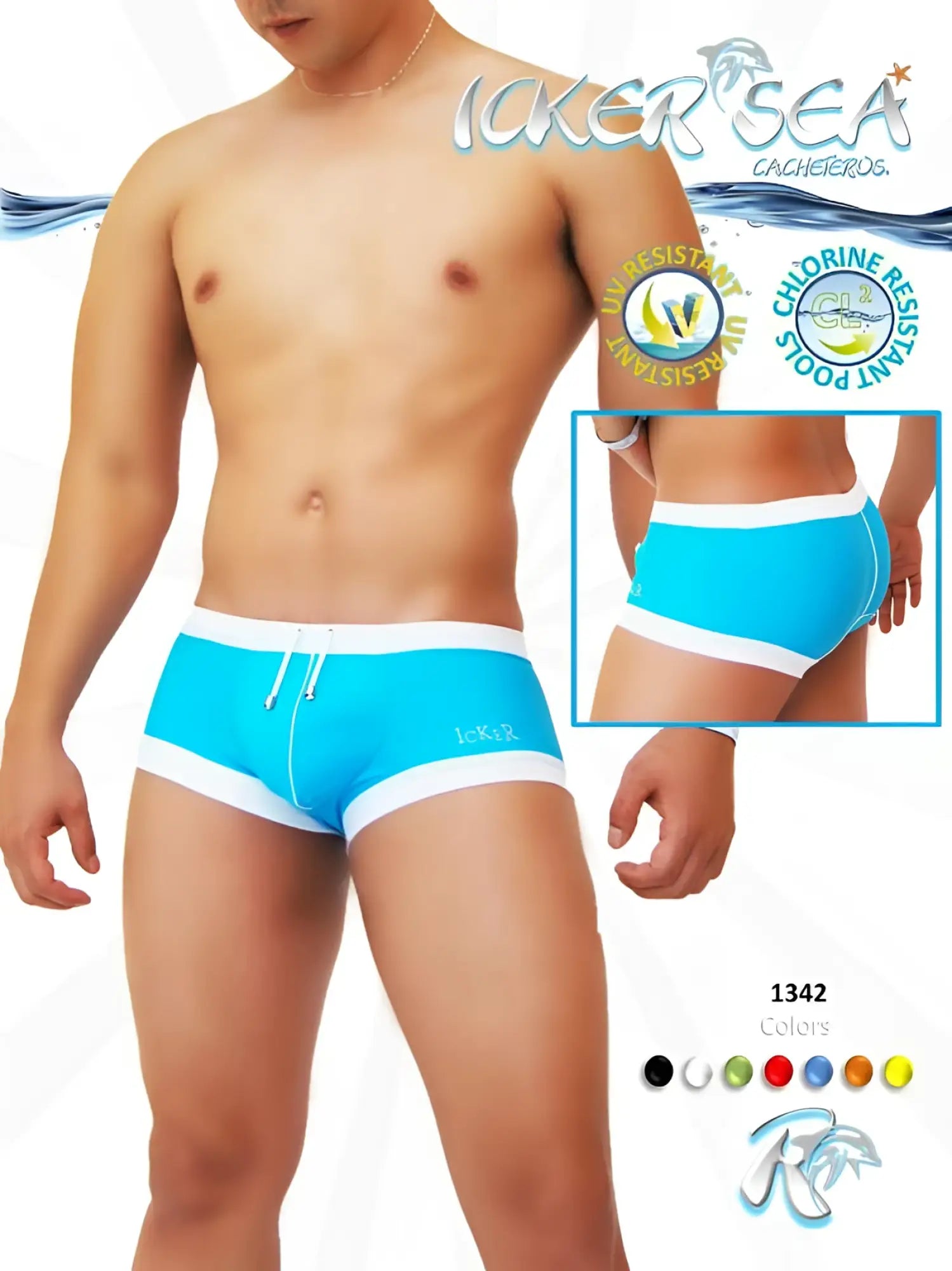 Bright turquoise icker sea contrast trim square cut swim trunks with white drawstring waistband and logo branding