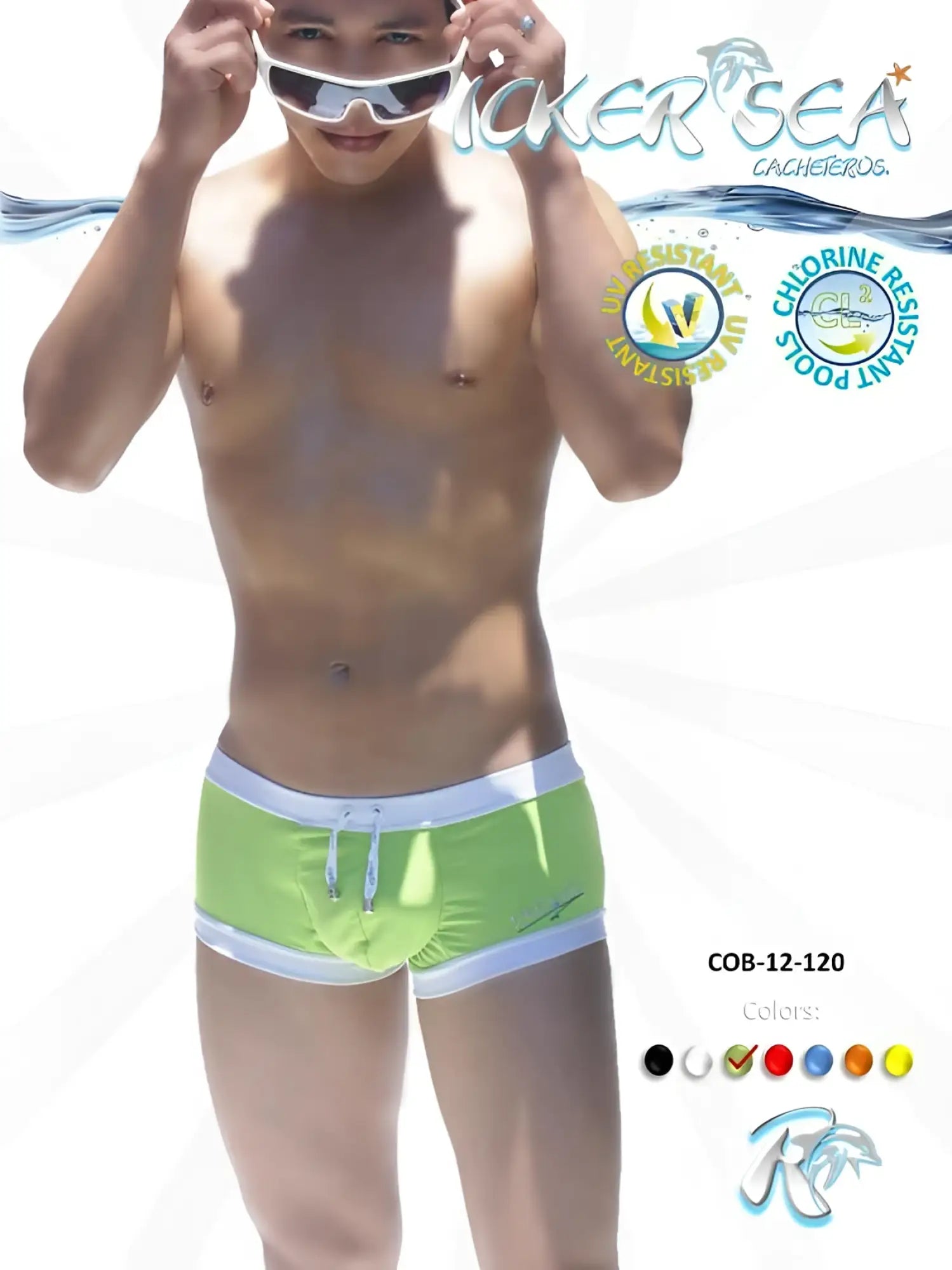 Icker Sea contrast trim square cut trunk swimwear in bright lime green with white trim and drawstring for swimming