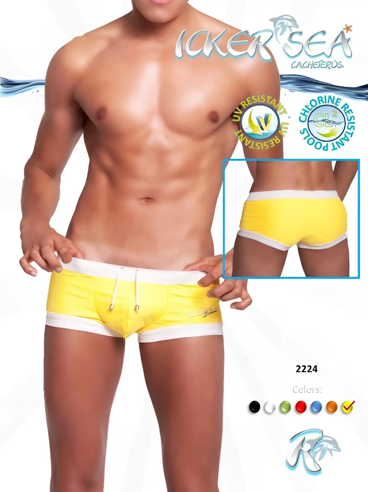 Icker Sea contrast trim square cut swim trunks in bright yellow with white trim and drawstring waistband mango white