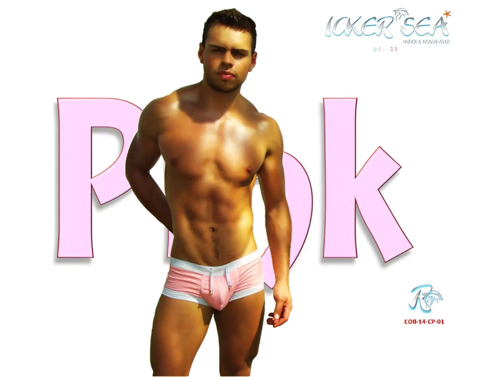 Icker Sea contrast trim square cut swim trunks in pink with white trim for stylish beachwear and swimming