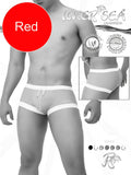 Red men’s square cut swim trunks with white trim and drawstring waistband from Icker Sea for swimwear use
