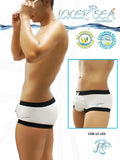White and black icker sea contrast trim square cut trunk swimwear with uv and chlorine resistance and logo detail