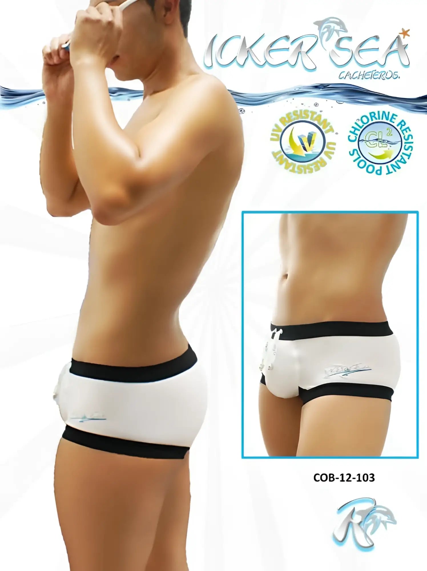 White and black icker sea contrast trim square cut trunk swimwear with uv and chlorine resistance and logo detail
