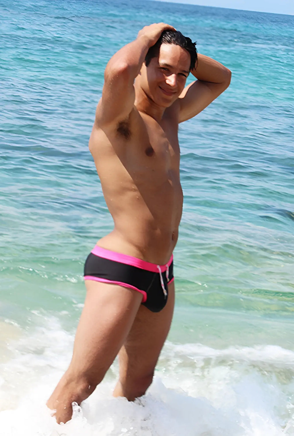 Black cheeky bikini swimwear trunks with vibrant pink trim and white drawstring by icker sea cob-15-39