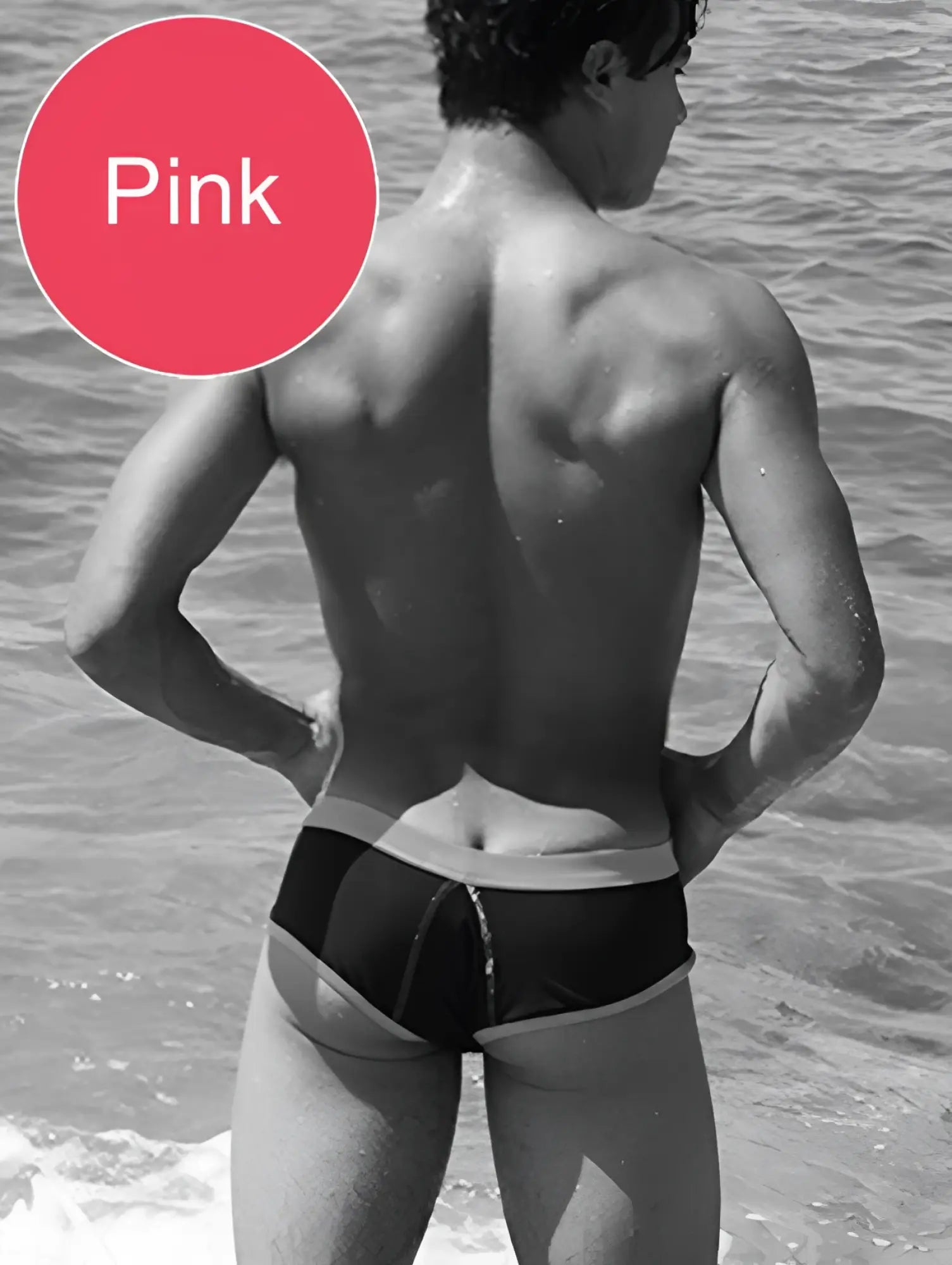 Black and white swim trunks with pink waistband from icker sea cheeky mini bikini swimwear cob-15-39 front view