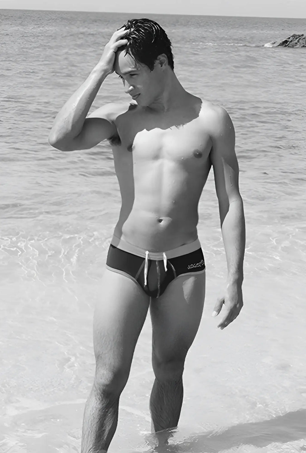 Icker Sea contrast trim and stitching cheeky mini bikini swimwear black and white swim trunks with light waistband and drawstrings