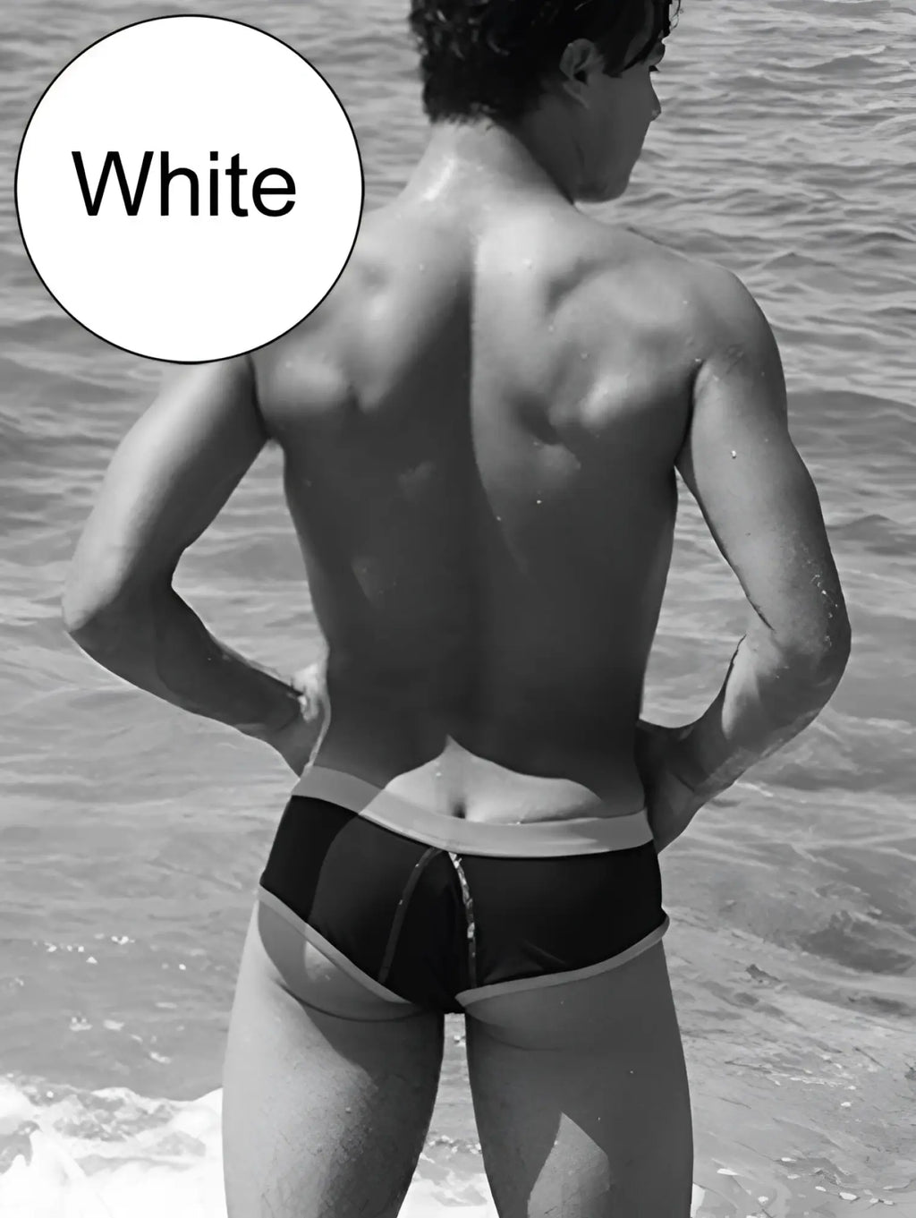 White swim trunks with black contrast trim and stitching from icker sea cheeky mini bikini swimwear collection