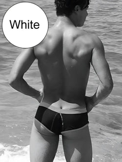 White swim trunks with black contrast trim and stitching from icker sea cheeky mini bikini swimwear collection