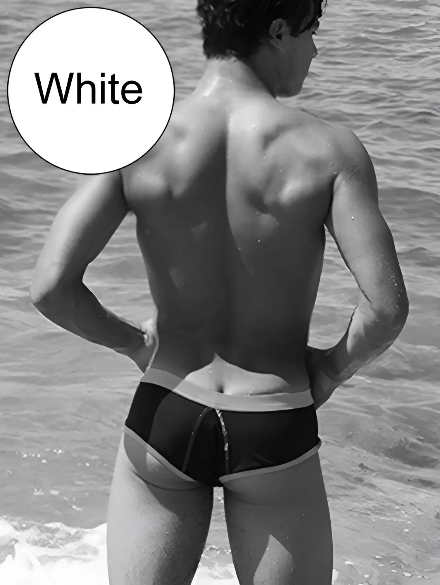 White swim trunks with black contrast trim and stitching from icker sea cheeky mini bikini swimwear collection