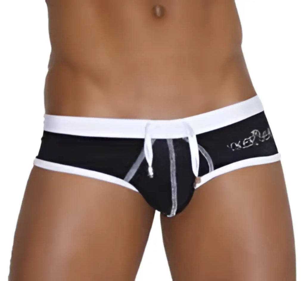 Black and white Icker Sea cheeky mini bikini swimwear with contrast trim and stitching and drawstring waistband