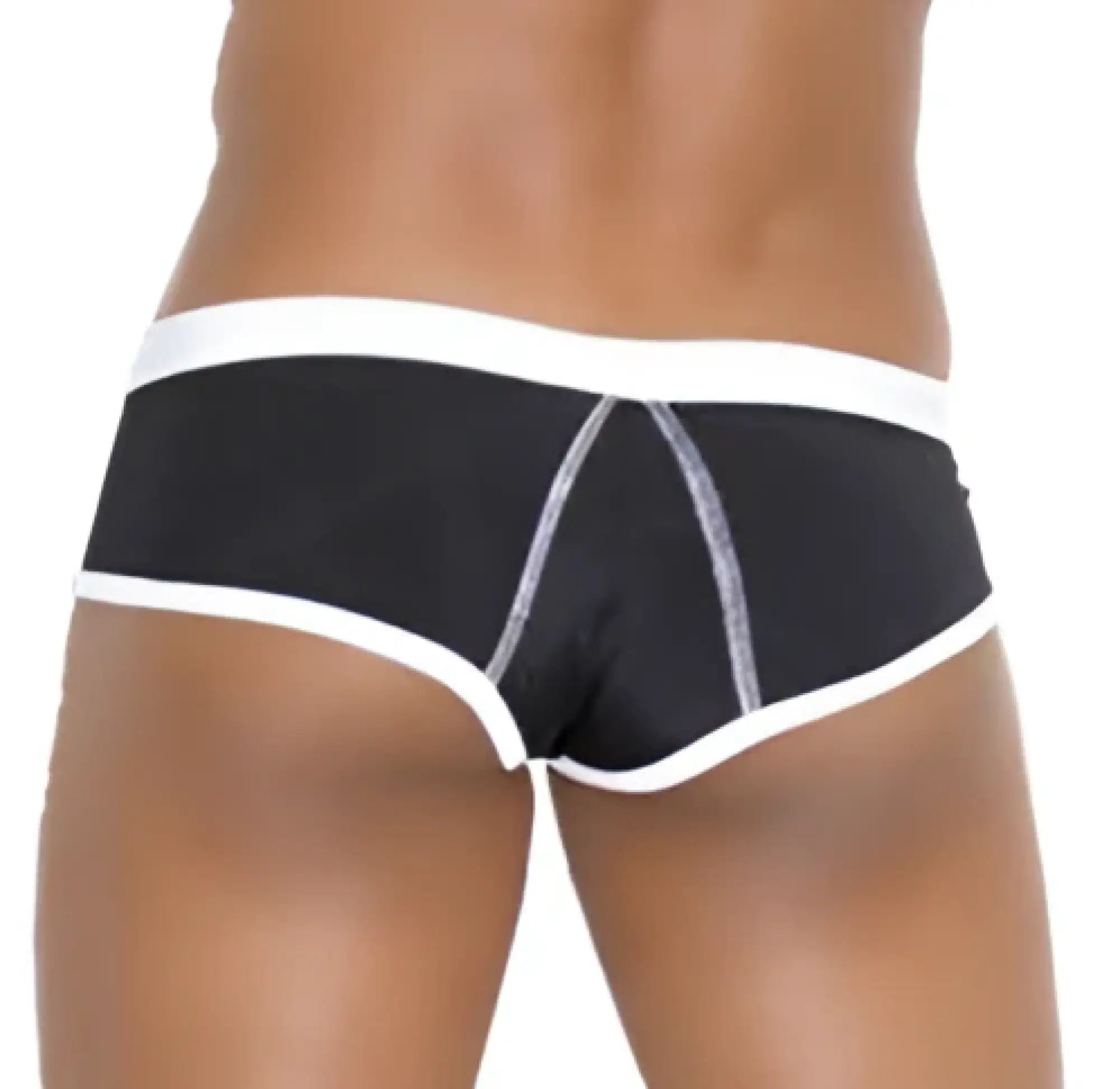 Icker sea black and white cheeky mini bikini swimwear briefs with contrast trim and silver stitching shown from back