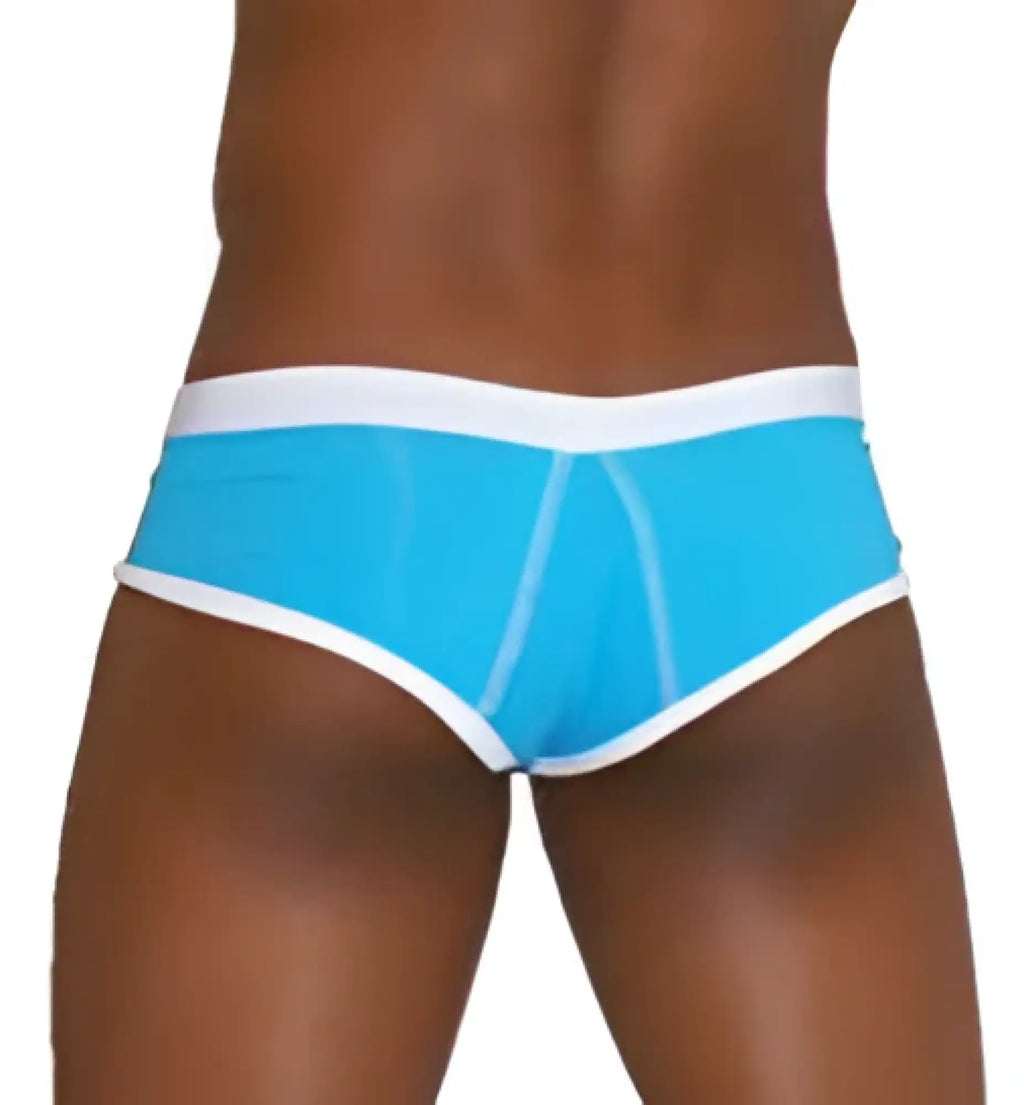 Bright blue icker sea cheeky mini bikini swimwear briefs with white waistband and contrast stitching for swim use
