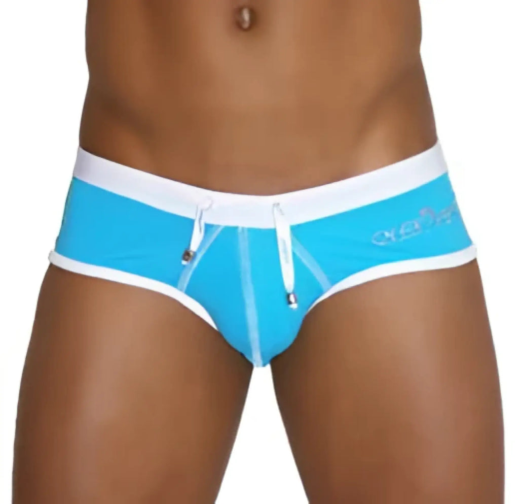 Bright blue icker sea contrast trim and stitching cheeky mini bikini swimwear with white trim and subtle side logo