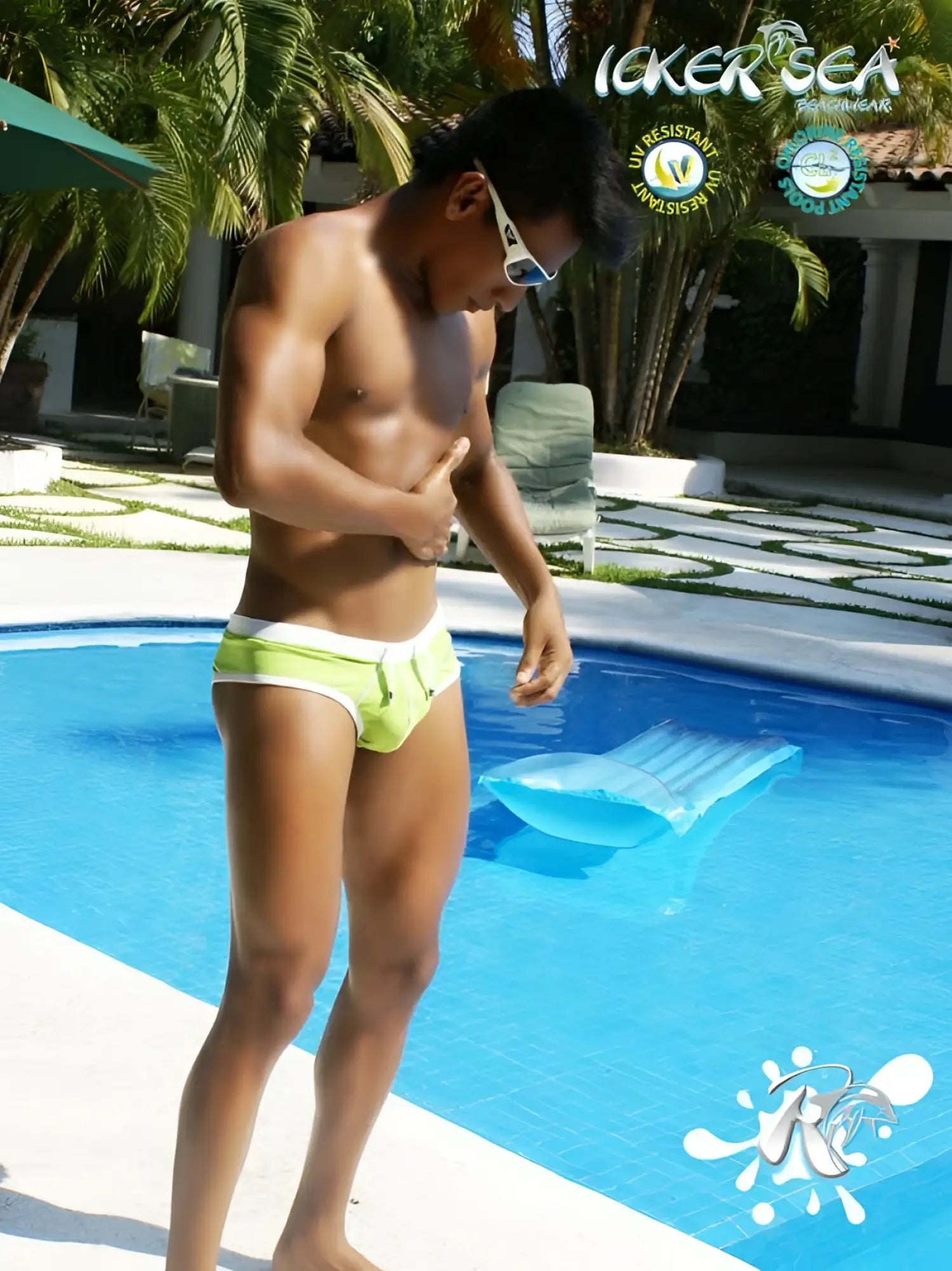 Bright lime green icker sea cheeky mini bikini swimwear with white contrast trim and zipper detail front view