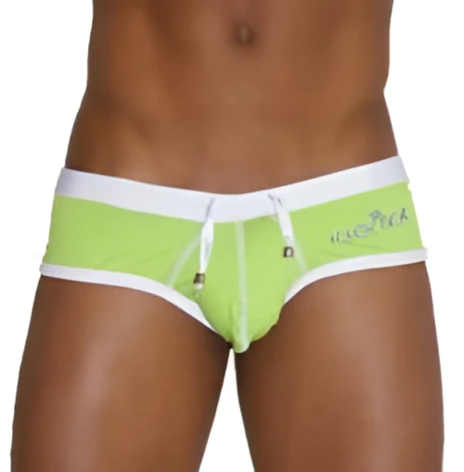 Icker Sea lime green and white cheeky mini bikini swimwear with contrast trim and drawstring waistband