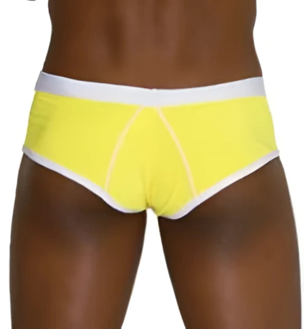 Bright yellow icker sea contrast trim and stitching cheeky mini bikini swimwear briefs with white trim in mango white