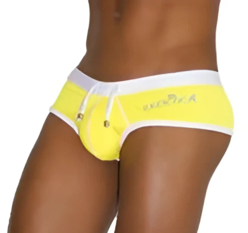 Bright yellow icker sea contrast trim and stitching cheeky mini bikini swimwear with white trim and waistband logo