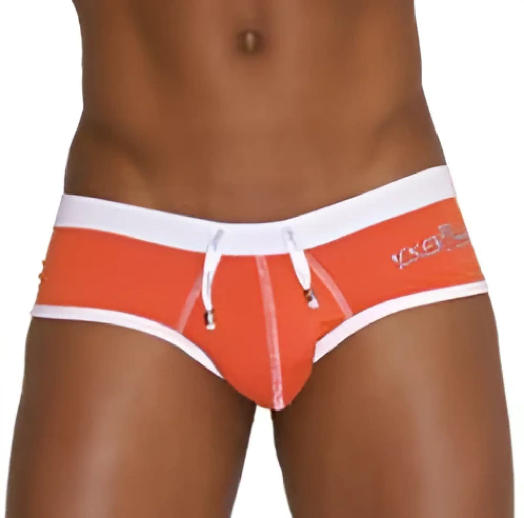 Orange and white Icker Sea cheeky mini bikini swimwear briefs with contrast trim and drawstring waistband