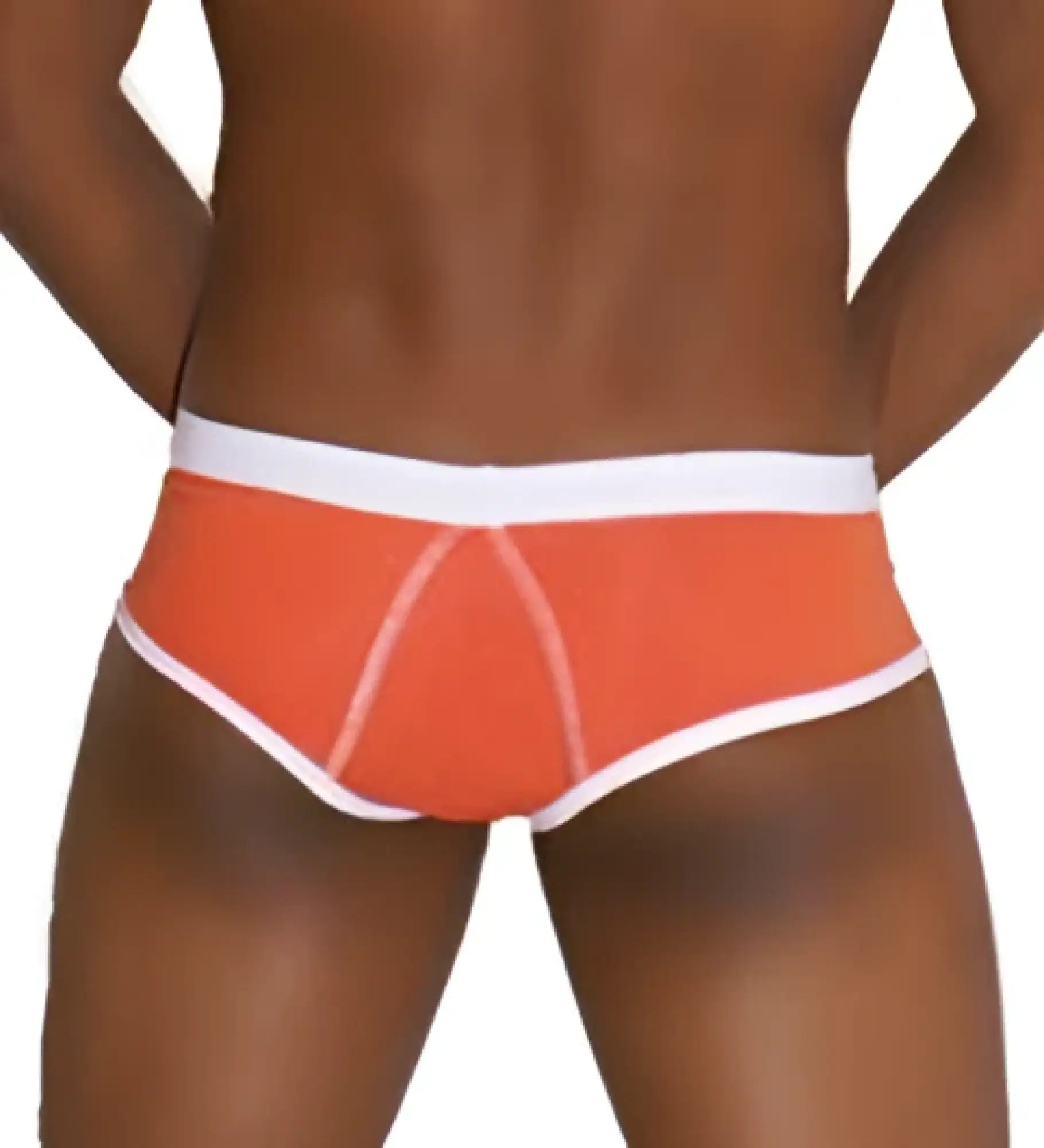 Orange briefs with white contrast trim and subtle seam detail from icker sea cheeky mini bikini swimwear collection