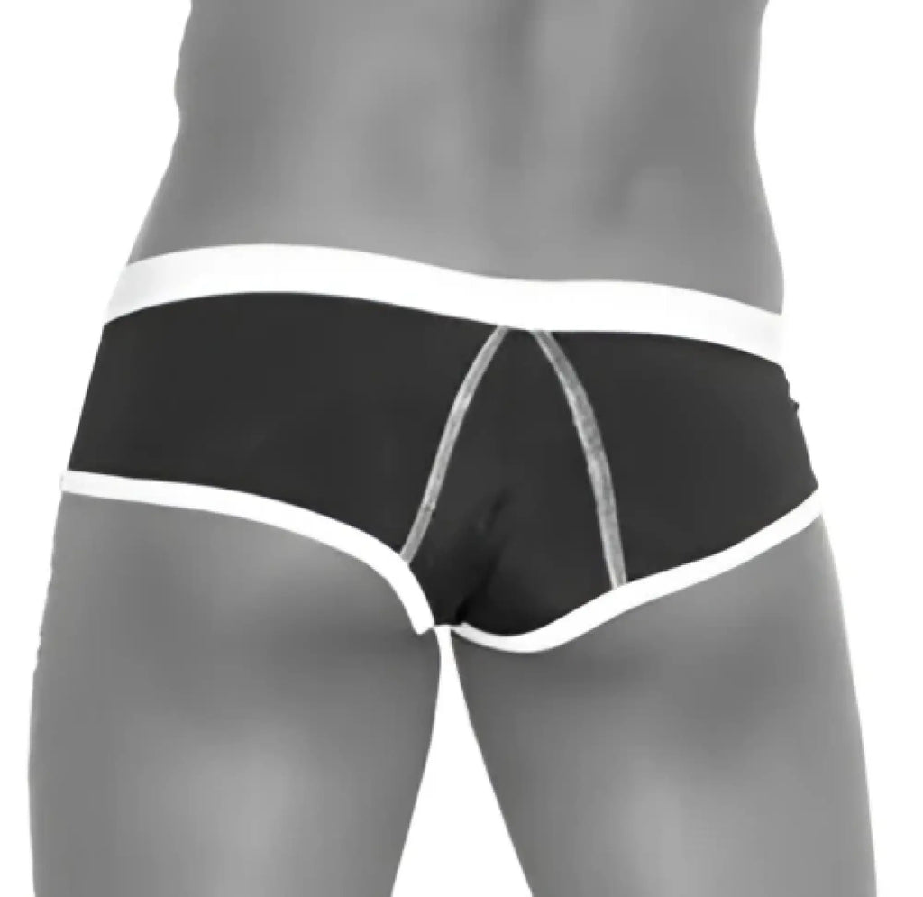 Black cheeky mini bikini briefs with white contrast trim and stitching red white swimwear cob 13 29