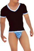 Black icker sea contrast trim v neck short sleeved t shirt with light blue trim paired with matching patterned briefs