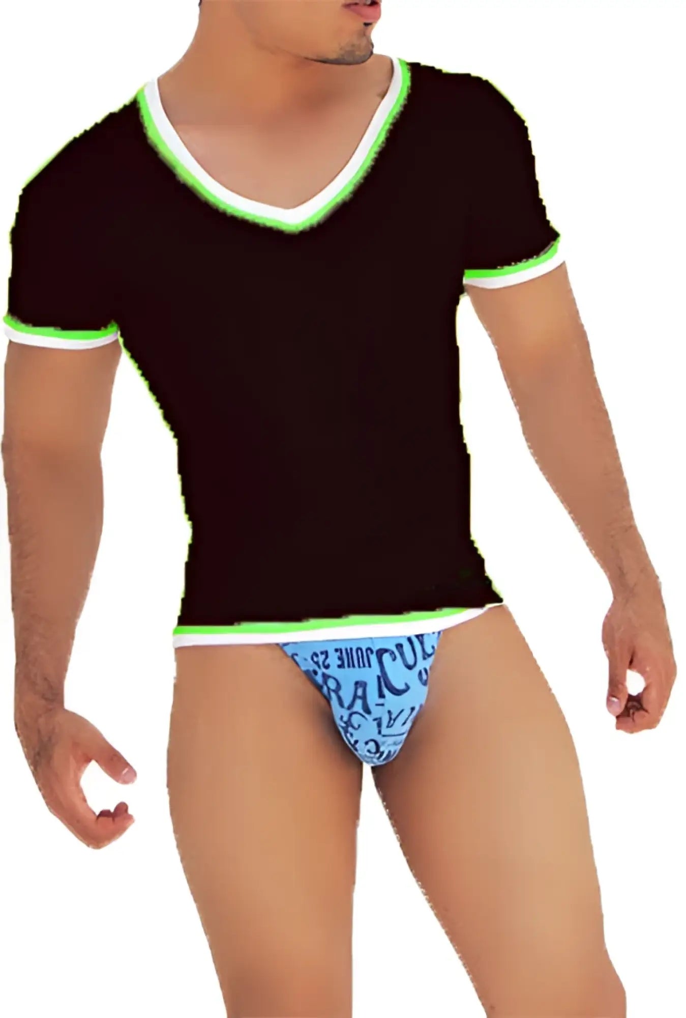 Black Icker Sea contrast trim v neck t shirt with neon green and white short sleeve accents ideal for casual wear