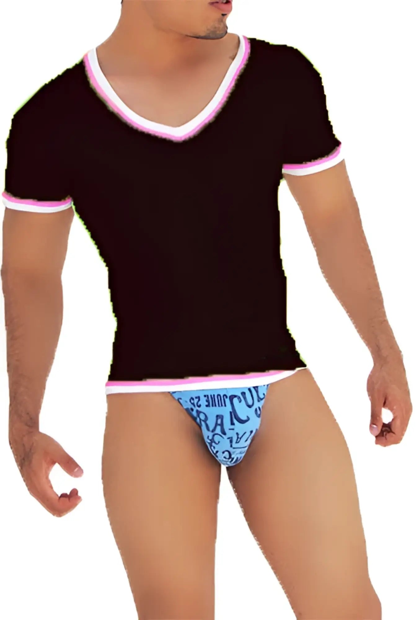 Black v-neck short sleeved t shirt with pink contrast trim paired with light blue patterned briefs by Icker Sea