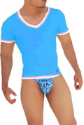 Icker Sea contrast trim v neck short sleeved t shirt in bright blue with pink neckline and cuffs and small embroidered logo