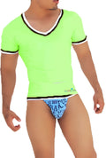 Neon green icker sea contrast trim v neck short sleeved t shirt with black and white trim for casual wear