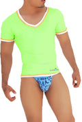 Neon green icker sea contrast trim v neck short sleeved t shirt with white and orange trim for casual wear