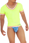 Neon green v neck short-sleeved icker sea t shirt with white and red contrast trim in mango red ca16 08