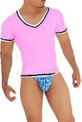 Icker Sea contrast trim v neck short sleeved t shirt pink with black and white trim for casual wear