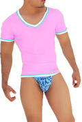 Pink icker sea contrast trim v neck short sleeved shirt with light blue trim and matching patterned briefs set