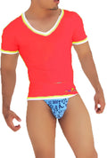 Bright red icker sea contrast trim v neck short sleeved t shirt with white and yellow trim in mango color