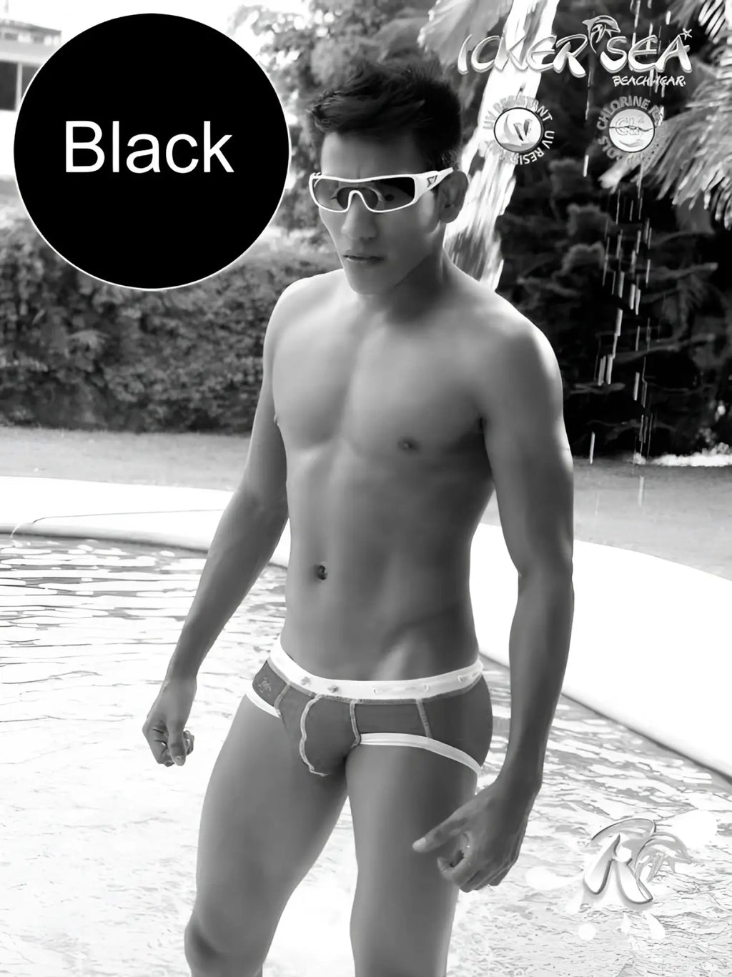 Black icker sea cord bikini swim trunks with white contrast trim stitching and subtle logo on waistband