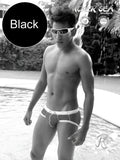 Black icker sea cord bikini swim trunks with white contrast trim stitching and subtle logo on waistband