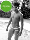 Green icker sea cord swim trunks with white trim and subtle pattern for beach and pool use