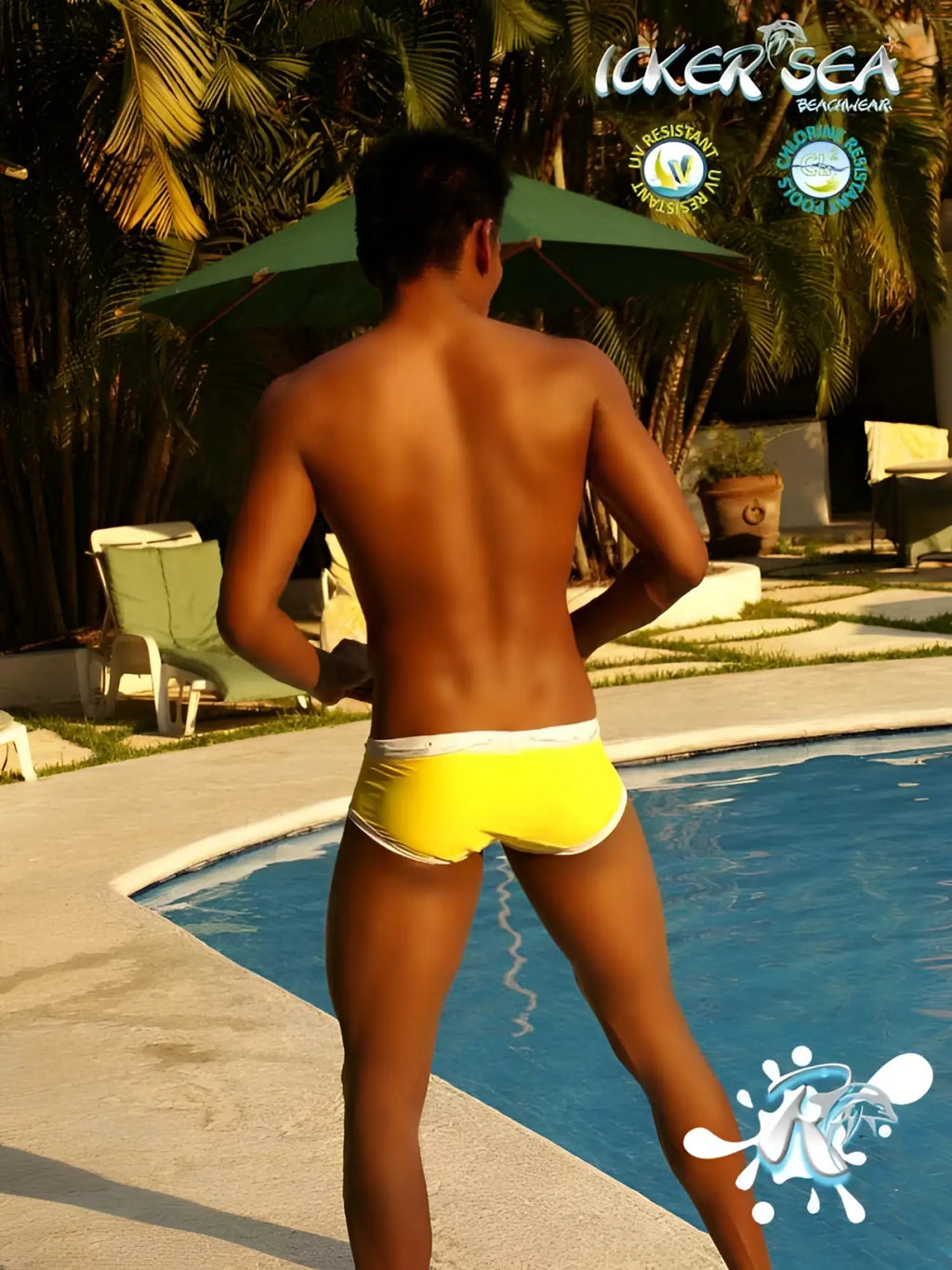 Bright yellow icker sea cord swim trunks with white contrast trim and stitching for beachwear mango white color