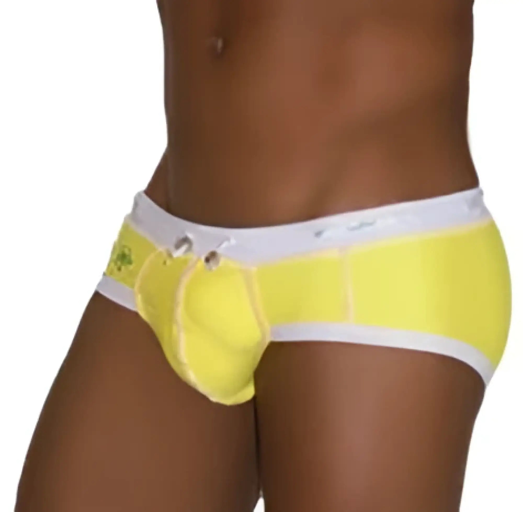 Bright yellow icker sea cord contrast trim and stitching bikini swimwear briefs with white trim and logo waistband
